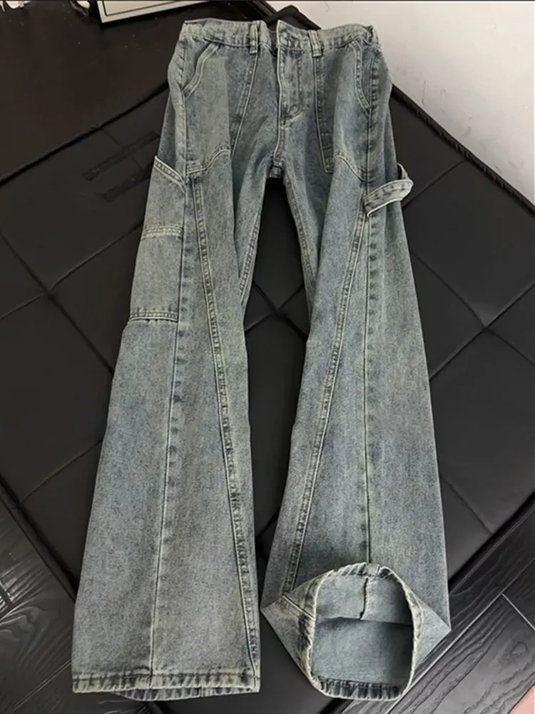 Cleanfit Destructed Multi-Pocket Workwear Jeans Men's American Trendy Brand Washed Logging Pants Straight Leg Micro Flare Pants