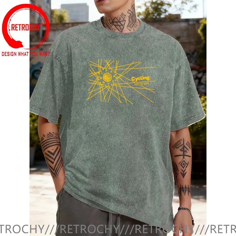 T-shirt en coton délavé vintage, motif drôle de cycliste 'Me Keep's Alive', pour homme, tendance, décontracté, vêtement élégant