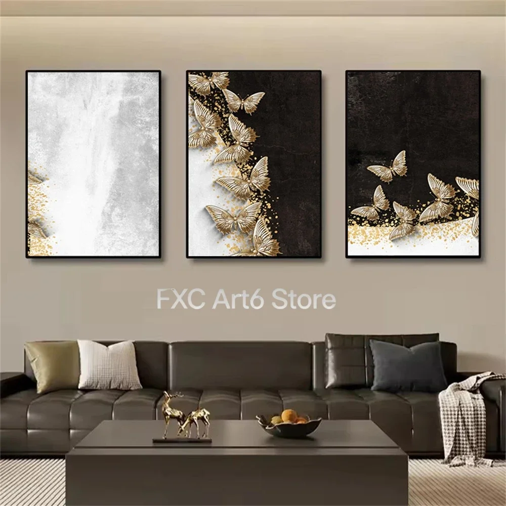 3pcs frameless --Modern Black and White Golden Butterfly Canvas Wall Art Painting Luxurious Abstract Posters and Prints Picture