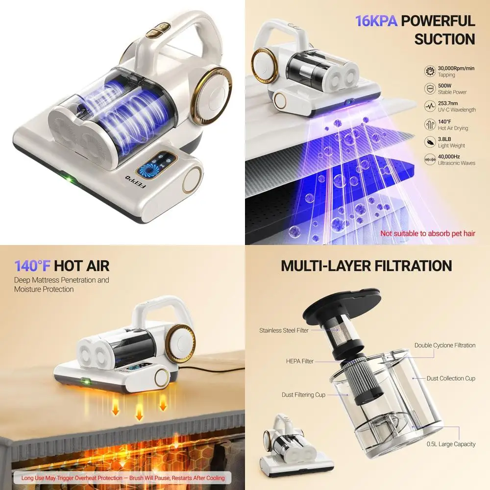 

Corded 500W Bed Vacuum with UV-C Light, Heat, HEPA Filter & Ultrasonic for Mattress, Sofa, Crib