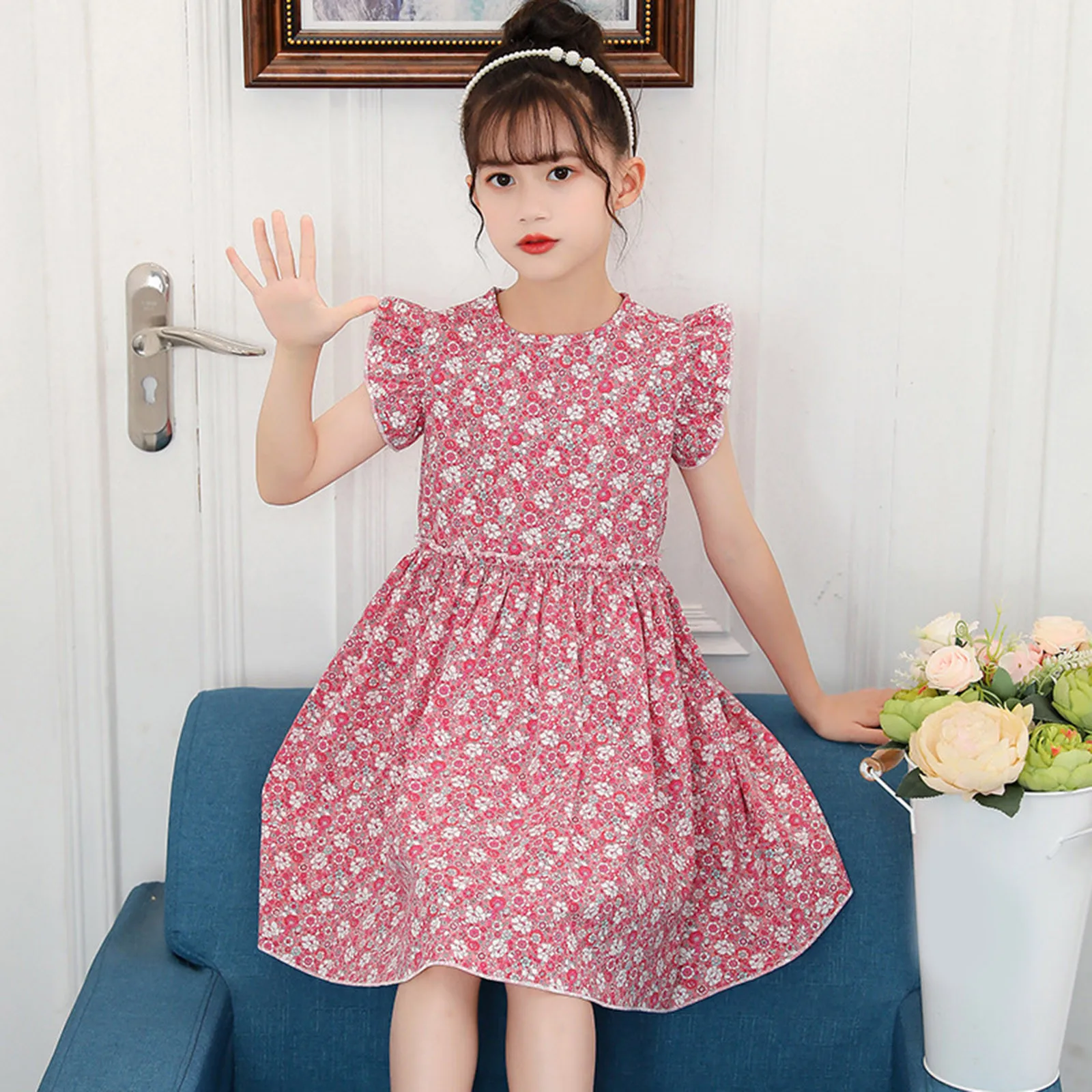 Girls Floral Flouncing Dresses Children Vestidos Girls Summer Party Bohemia Cotton Dresses Teenage Girls Clothing 2024 New