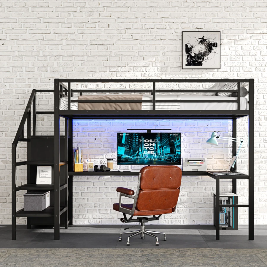 Full Size Loft Bed with L-shaped Desk and USB, Metal Loft Bed with Wardrobe and Adjustable Shelf, High Loft Bed with LED for Te