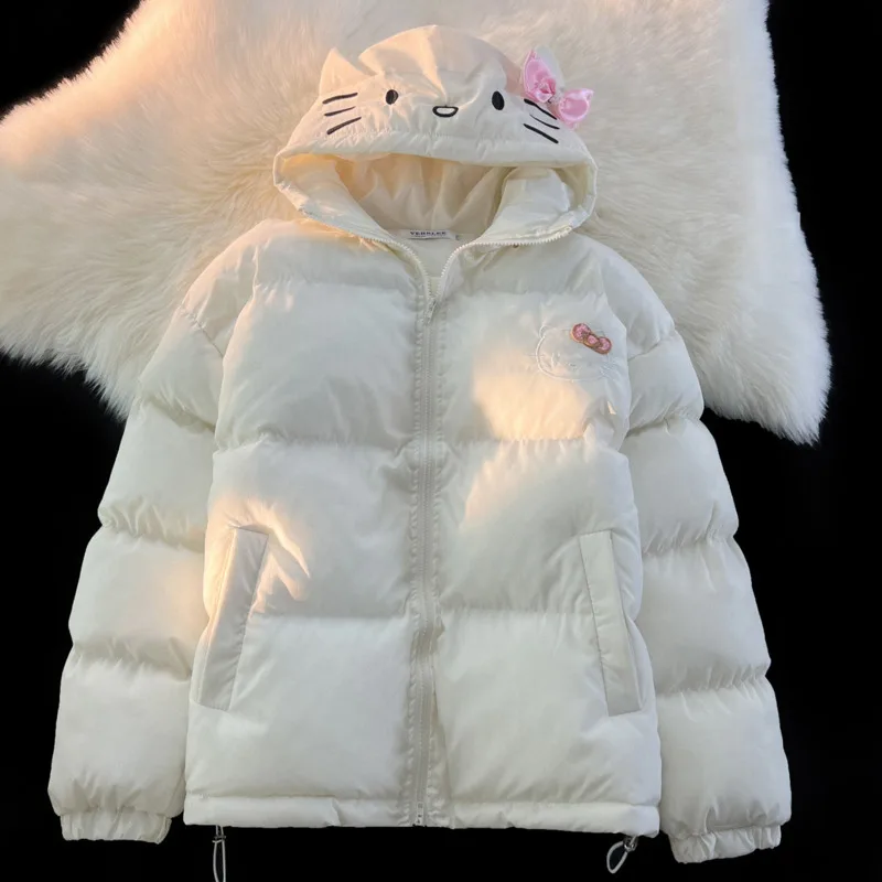 Sanrio Hello Kitty Zipper Down Jacket Cute Cartoon Print Coat Kawaii Solid Cotton Jacket For Student Casual Loose Coat For Women