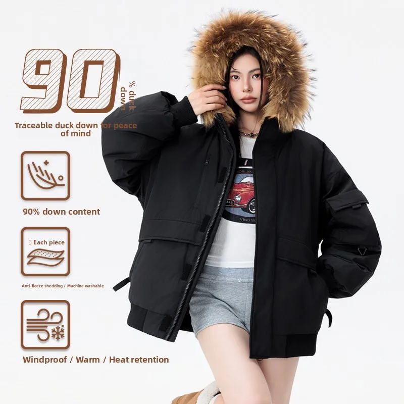 

Couple's 90% White Du down ort Workwear Winter Jaet Real Fur Collar down Coat Men's Sle Warm Thiened Polyester Fiber