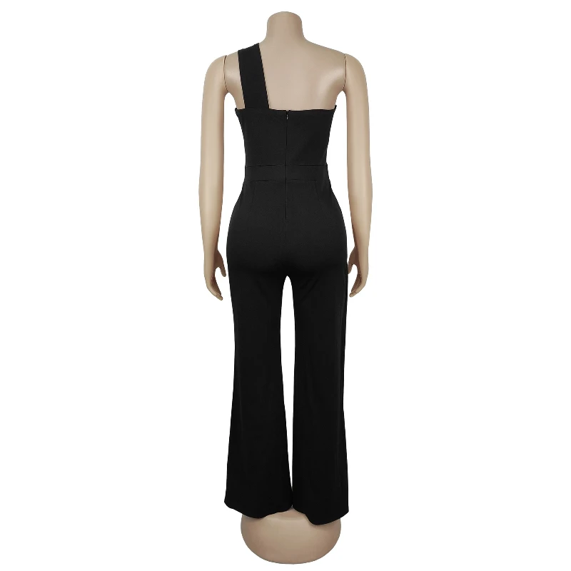 Casual dames jumpsuit 2025, mode, één schouder, mouwloos, metalen riem, decor, overall, hoge taille, wijde pijpen, sexy feestromper, nieuw