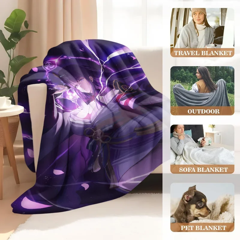 Cartoon Raiden Ei Flannel Blanket Cover Summer Soft Anime Genshin Impact Blanket Multifunctional Decor Home Universal Blankets
