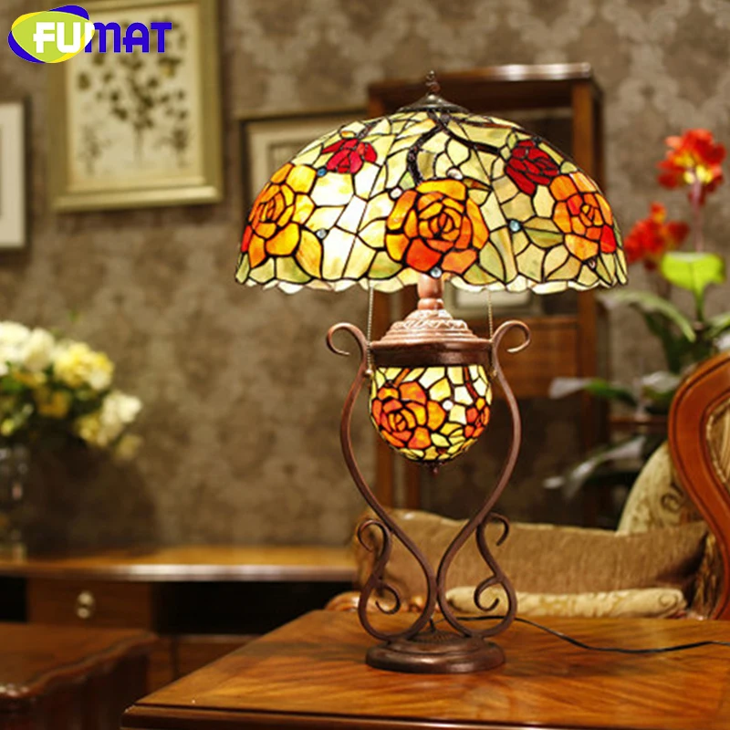 

FUMAT Stained Glass Table Lamp Art Glass Rose Oval Shade Table Lamp Living Room European Creative Bedside Lamp LED Table Lights