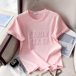 SummerOversize Loose T-shirt Pink Cotton Embossed Letter Top Women's 2024 New High Quality Korean Casual Slim Short-Sleeved Tees