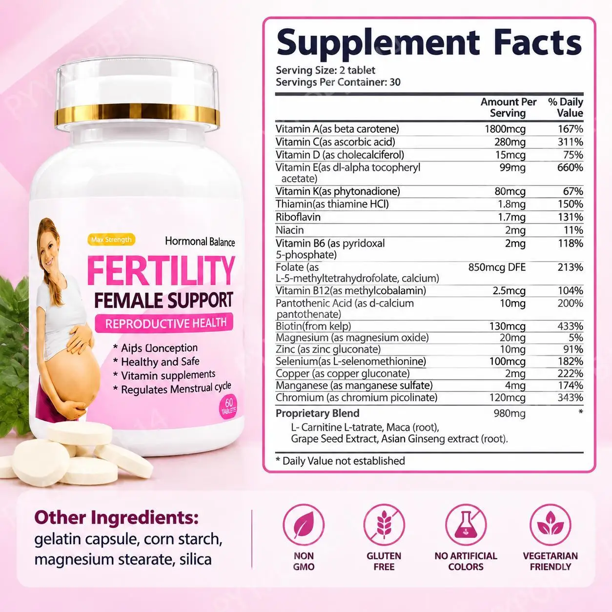 Female Fertility Support Tablets,Balance Hormones,Regulate Menstrual Cycle,Aid Conception,Support Reproductive Health,60Ct