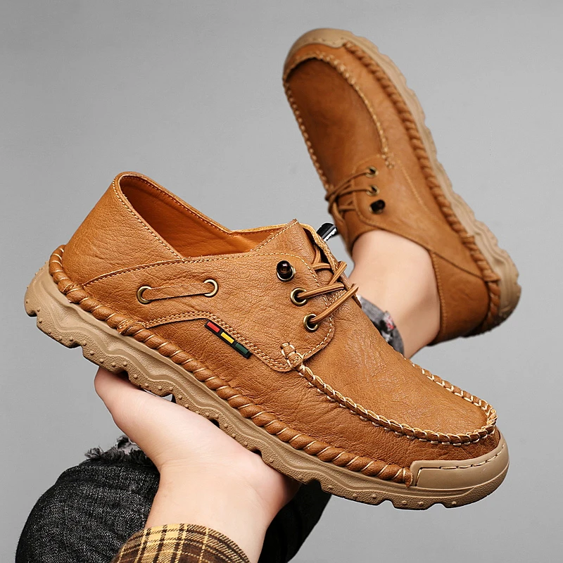 

Men's Outdoor Casual Shoes Handmade Leather Lace-Up Boots Rubber Outsole Breathable Round Toe Low Heel Spring Autumn Wea