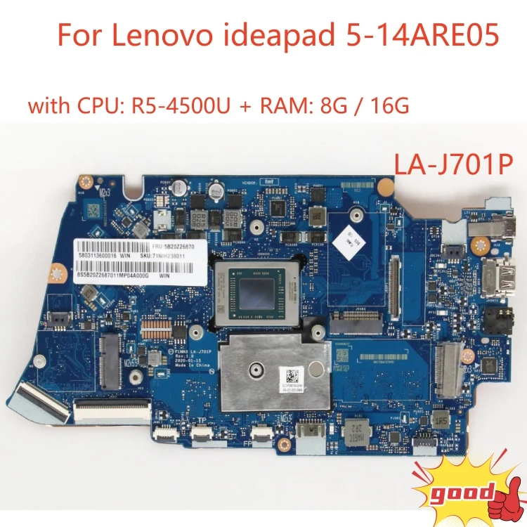 

For Lenovo ideapad 5-14ARE05 laptop motherboard LA-J701P motherboard with CPU R5-4500U + RAM: 8G / 16G 100% test work