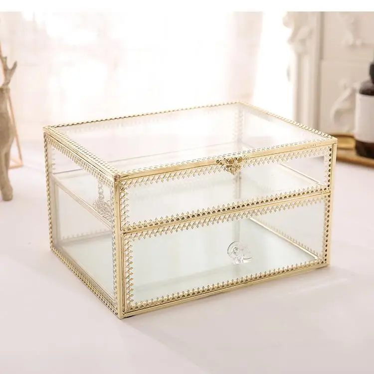 Retro Copper Glass Double Jewelry Box Watch Finishing Earrings Necklace Storage Rack Desktop