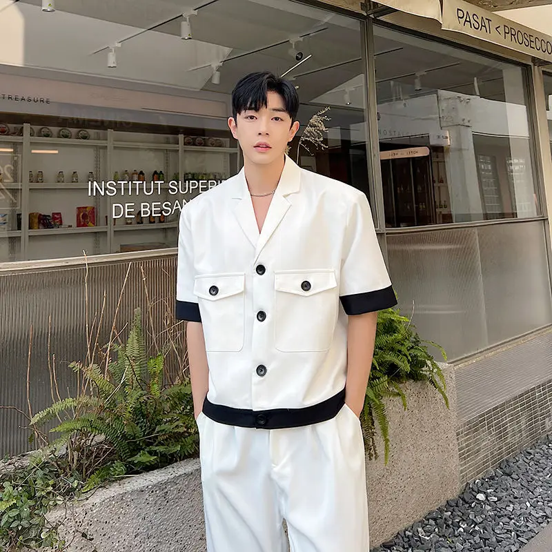 2-A57 Summer niche high-end cuciture in bianco e nero contrasto colore short-seed suicket uomo stile coreano casual bei capelli