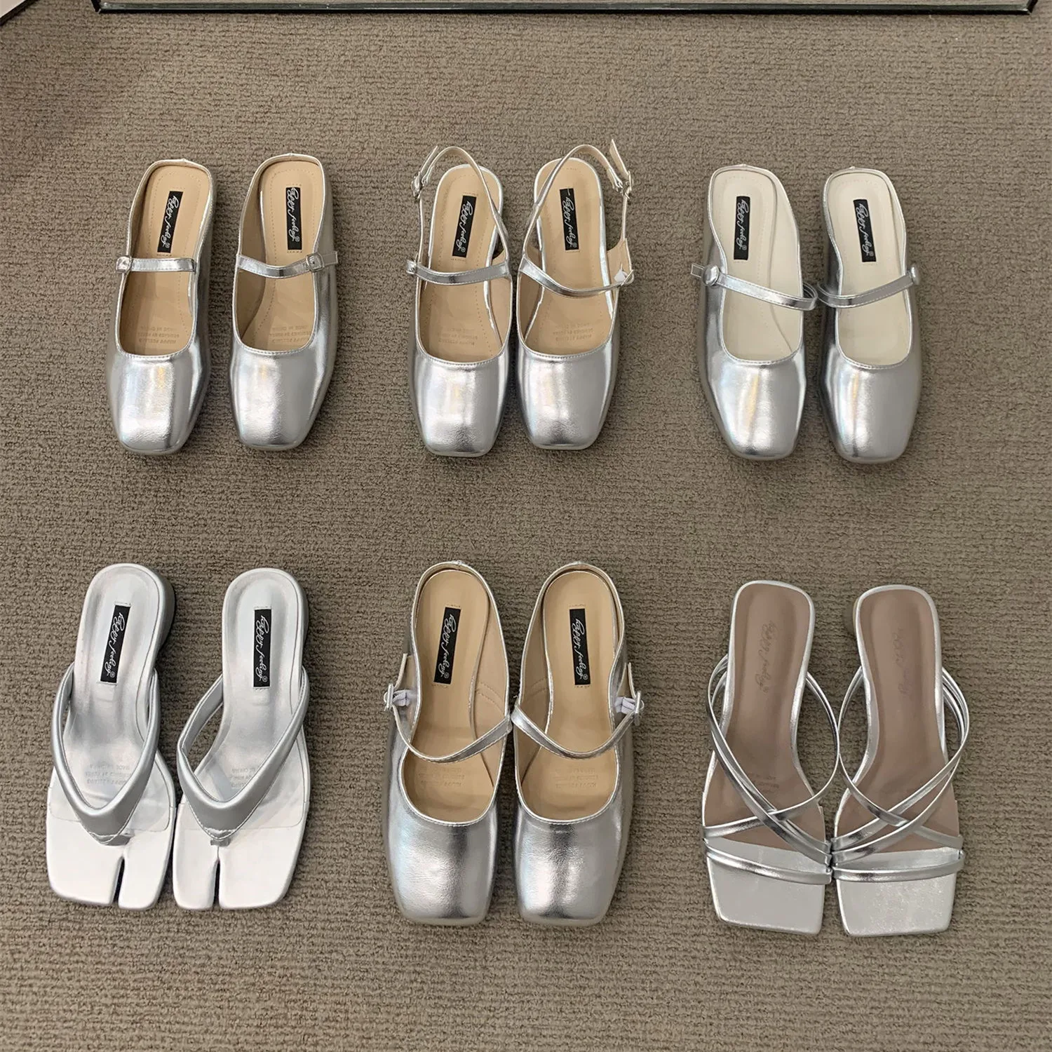 Bailamos Women Fashing Silver Slippers Ballet Flats Shoes Square Toe Shallow Slip On Ladies Sandals Soft Slides Zapatos Mujer 40