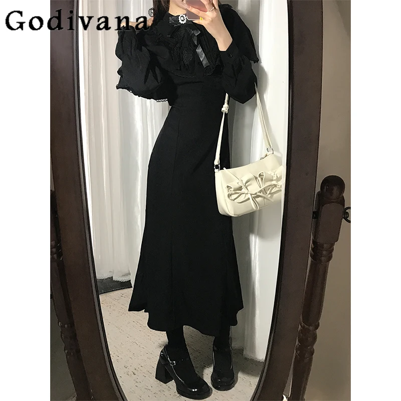 French Hepburn Style Black Cape Dress for Women Spring Autumn Waist-Cinching Lolita Dress Female Bodycon Mermaid Long Dress