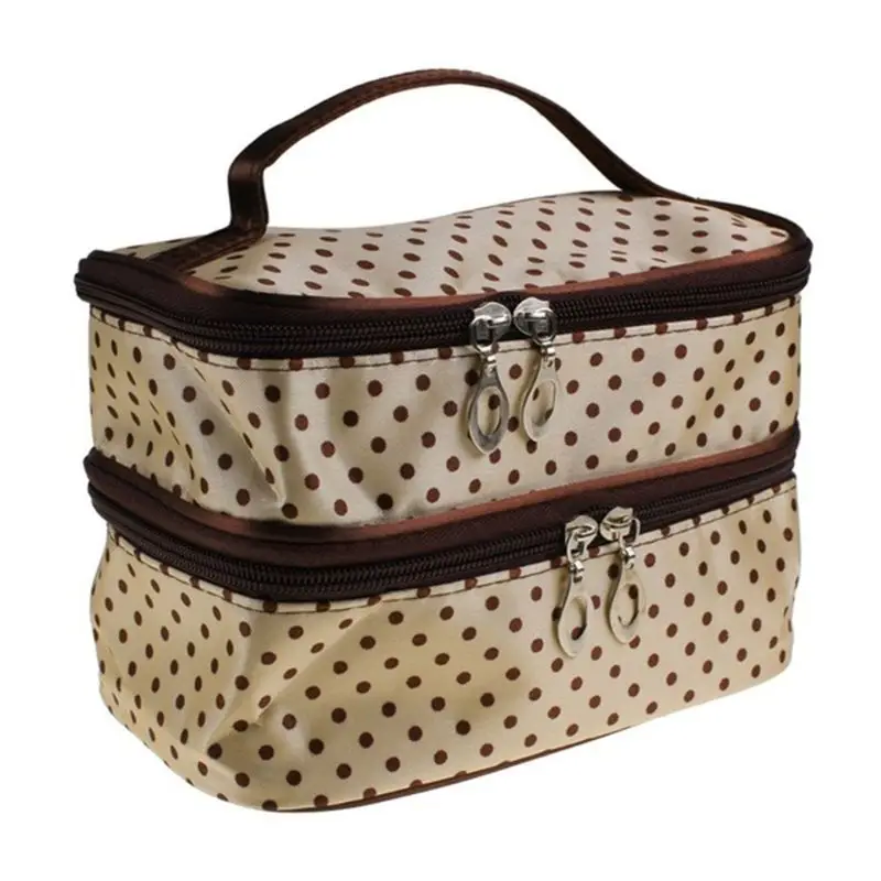 E74B Women Travel Cosmetic Polka Dots Makeup Double Layer for Case