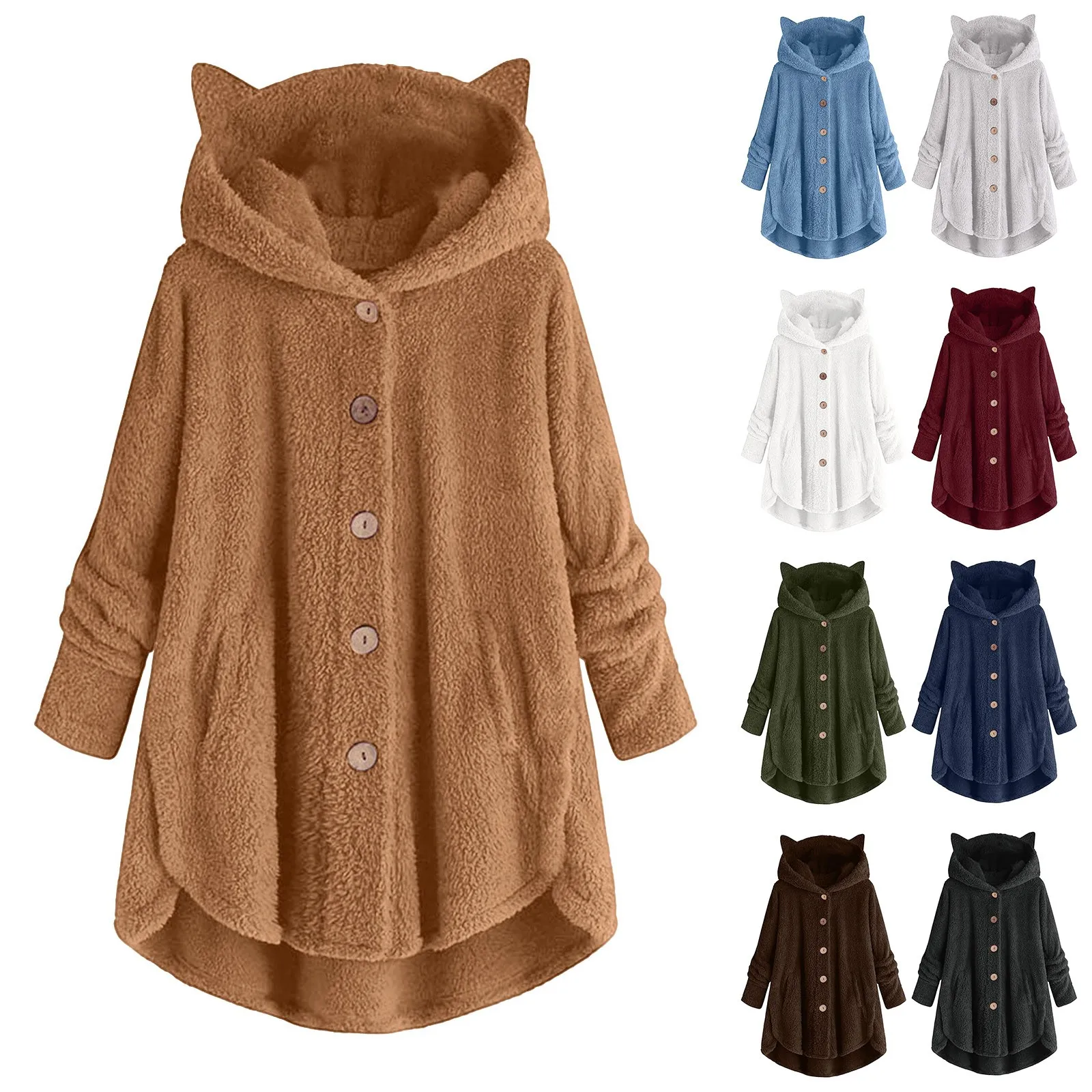 Women Plush Hoodies Irregular Hem Button Coat Autumn Winter Hooded Cute Cats Ears Jacket Female Fleece Outwear 2023 New