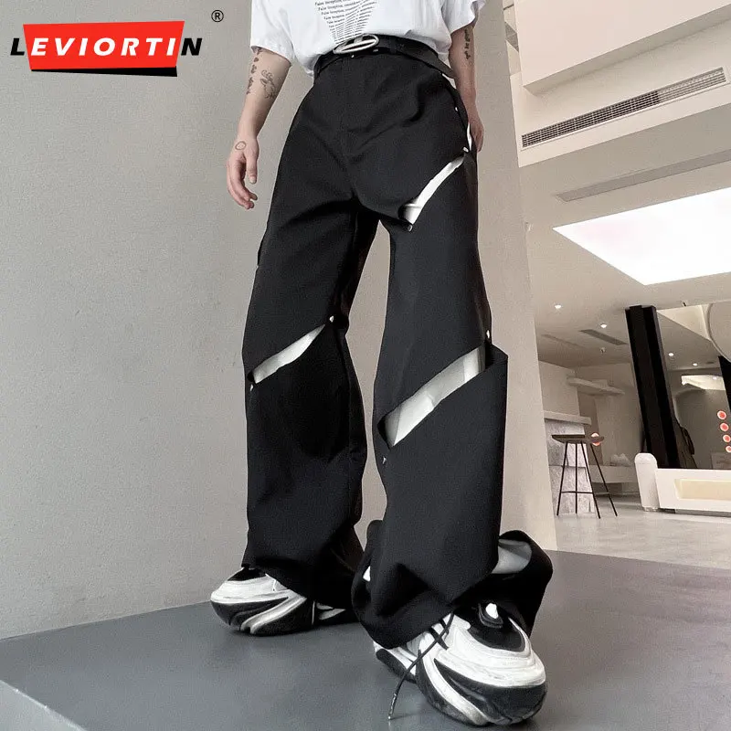 

2024 Autumn Season New Solid Color Perforated Contrast Rivet Men's Split Casual Pants Korean Fashion Men's Hollow Wide Leg Pants