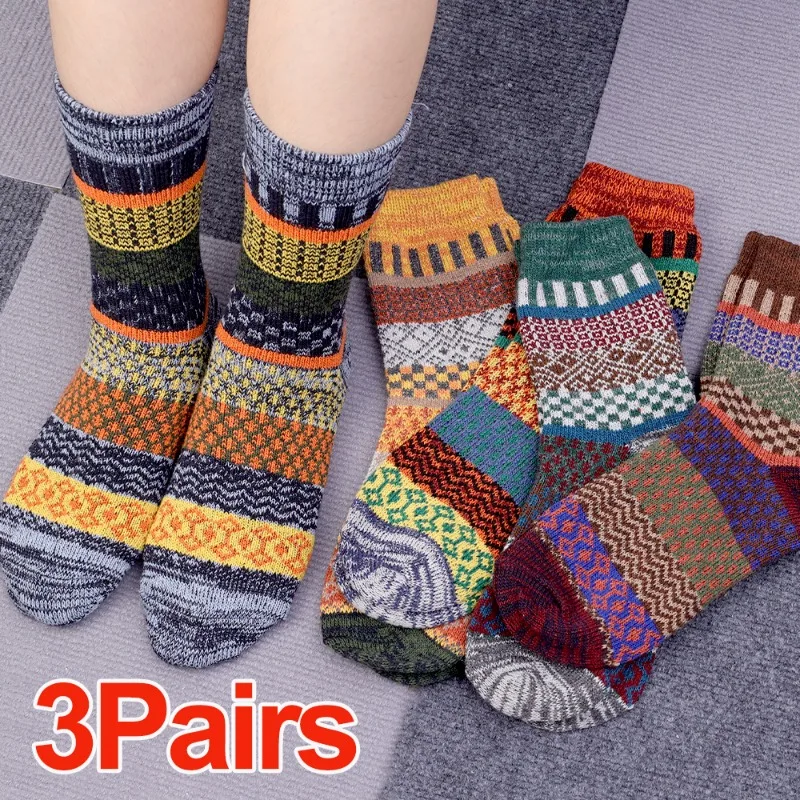 Autumn and Winter Middle Tube Socks Women Men Retro Trendy Ethnic Print    Socks Anti Slip Breathable Unisex Cotton Warm Socks