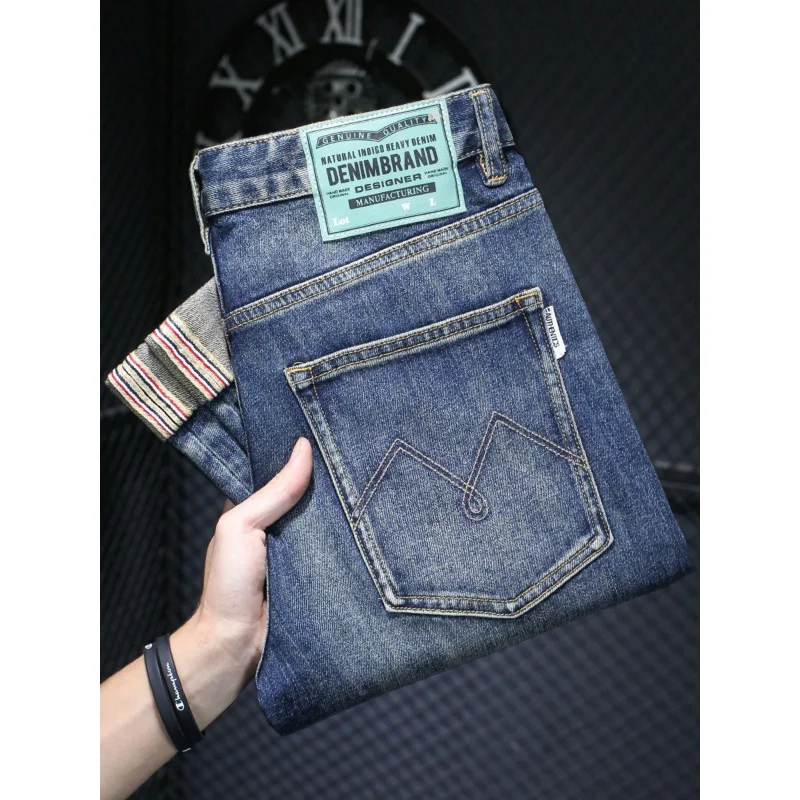 2024 New High-End Embroidery Jeans Men's Slim-Fitting Small Straight Loose Fashion Trendy Leisure Washed-out Blue Pants