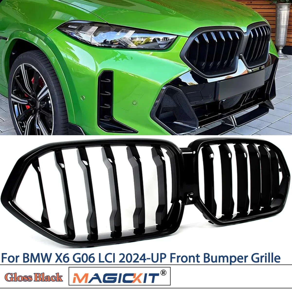 

Car Front Radiator Kidney Bumper Hood Grille for BMW X6 G06 M60I LCI 2024-UP Front Bumper Grille Glossy Black Single Line