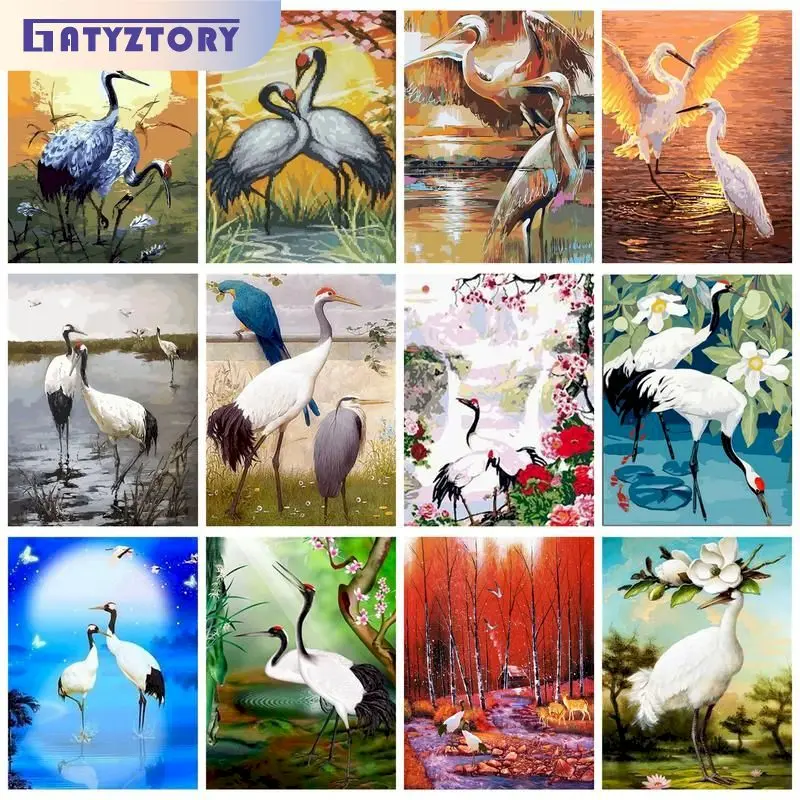 GATYZTORY DIY Painting By Numbers With Frame Red Crowned Crane Number Painting Home Decors Paint Kit Handicrafts Gift For Adults