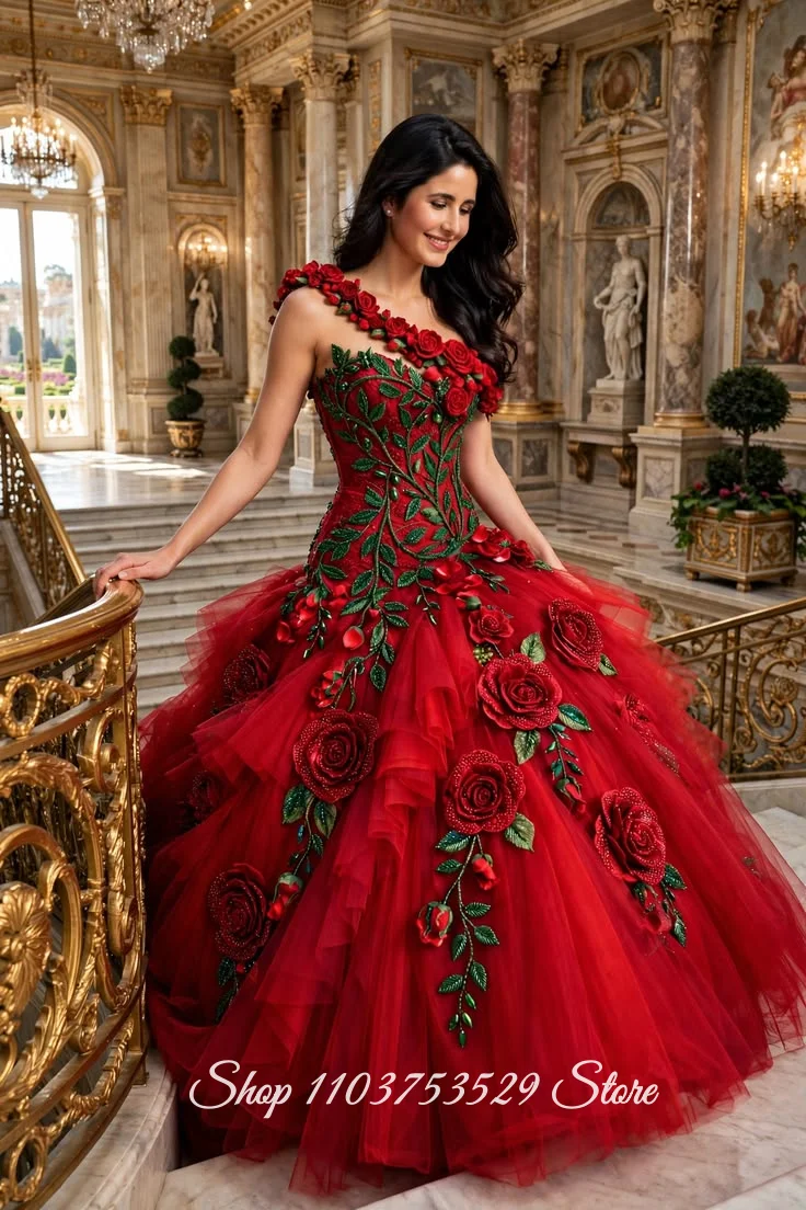 Red Rose Strapless Wedding Dress 3D Floral Design Customized Voluminous Mermaid Wedding Gown Formal Evening Gown Engagement Dres