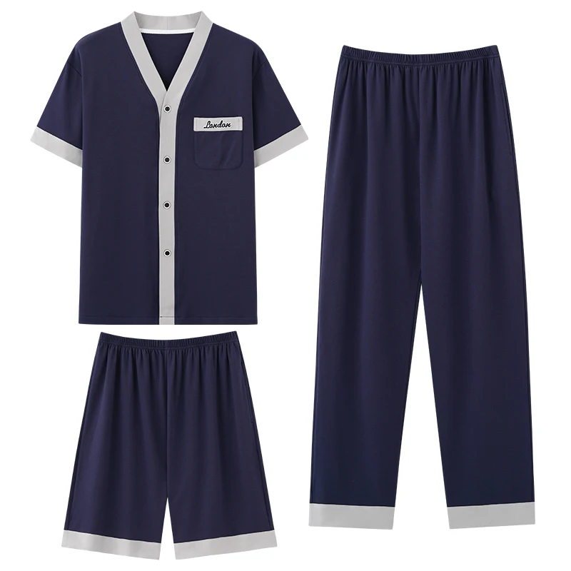 3pc/set Men Cotton Pajamas Sets V-Neck Tops+Shorts+Long Pants Summer Casual Tracksuit Pyjamas Male Big Yards L-4XL Pijama Hombre