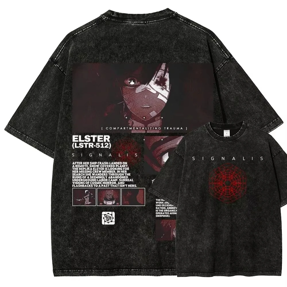 Harajuku Vintage Streetwear Signalis Game Character Double Sided Print T-Shirt Washed Unisex Men Women Tee Winter Autumn 2026