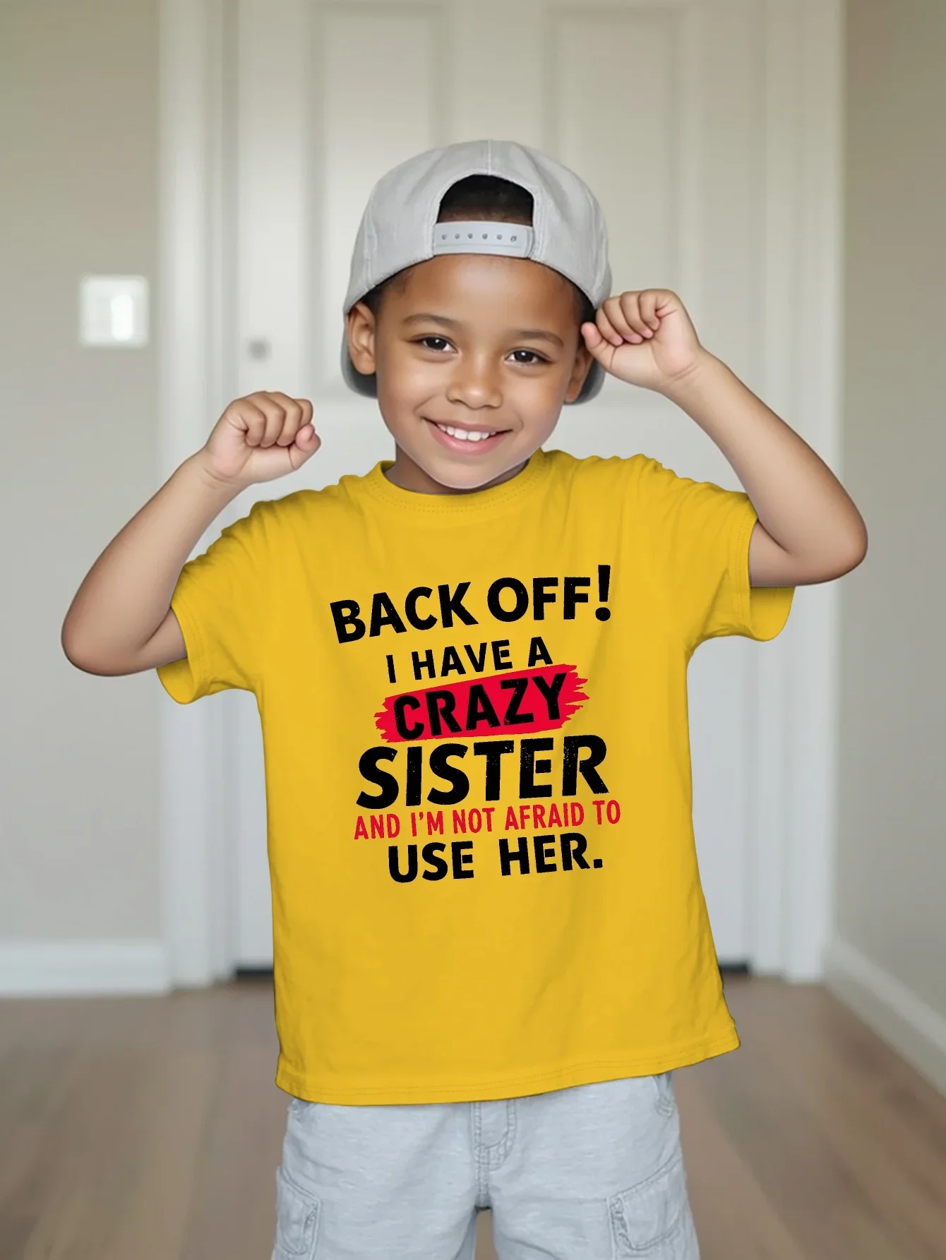 Back Off I Have A Crazy Sister Funny Family Text Graphic Print T Shirt Family Matching Boys Girls Kids Casual Short Sleeve Tops
