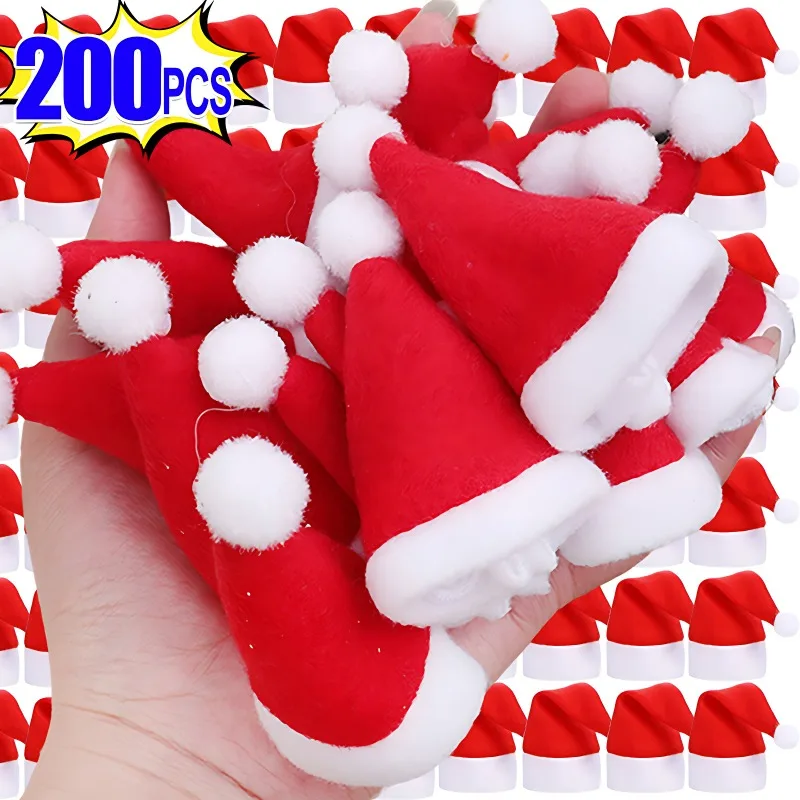 200/1 Uds Mini sombrero de Papá Noel, tapas de piruletas de tela no tejida, cubiertas para botellas de vino de Navidad, soporte para botellas de Navidad, decoración de mesa y cena