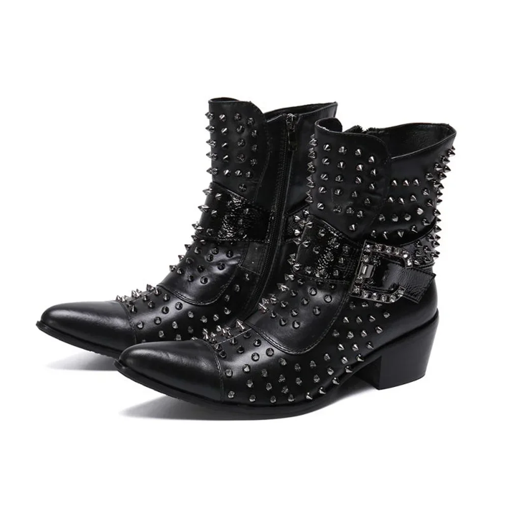 

Black Rivet Buckle Zipper Genuine Leather Thick High Heels Pointed Toe Boots Male Plus Size Party Motorcycle Cowboy Dress Shoe