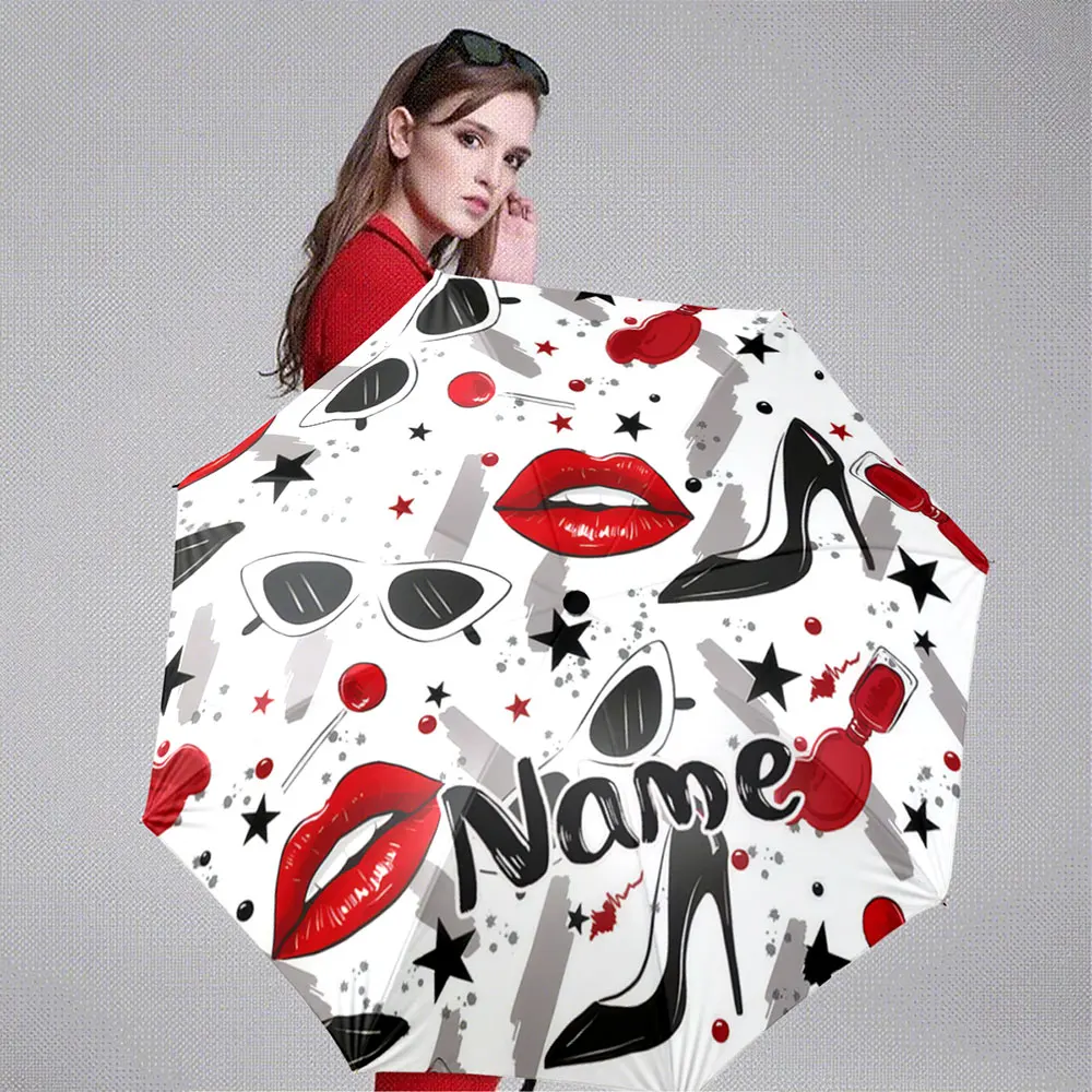 Custom Name Umbrella Fashion Icon Pattern Umbrella – Lips, Heels & Sunglasses Design Portable Folding Umbrella,Christmas Gift