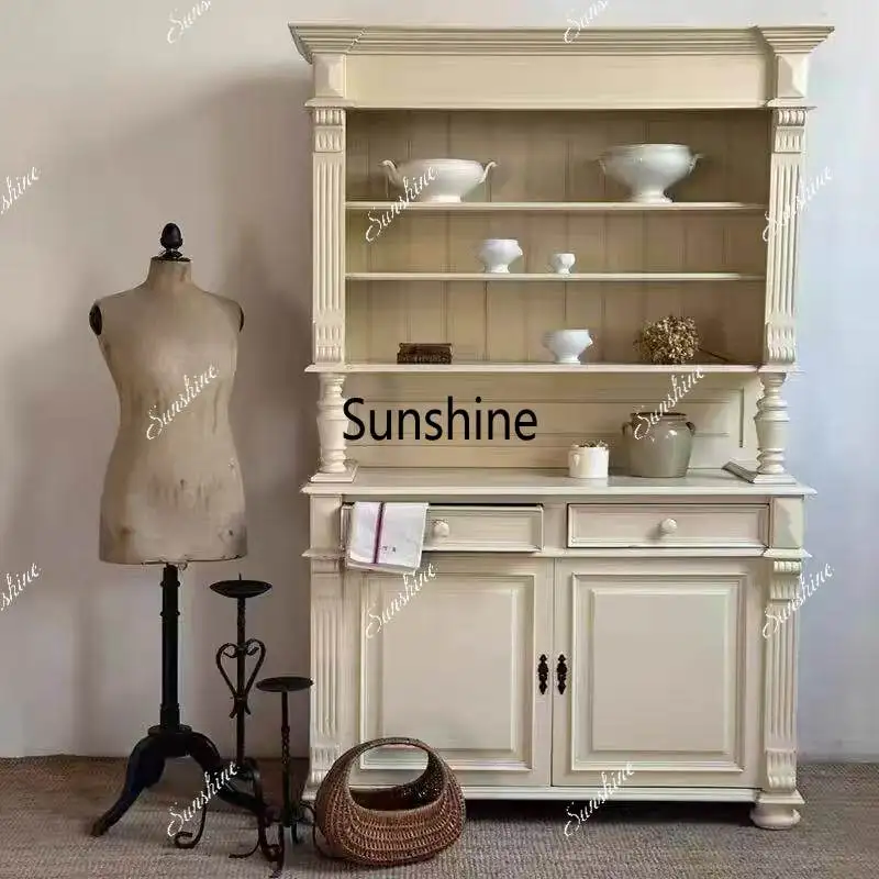 

American cream-style solid wood dining side carved living room entrance storage cabinet