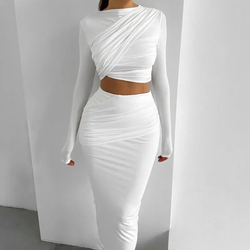 Women Solid Ruched 2 Piece Set Elegant Sexy O-neck Long Sleeve Crop Tops + Bodycon Maxi Skirts Fashion Club Party Dress Suits