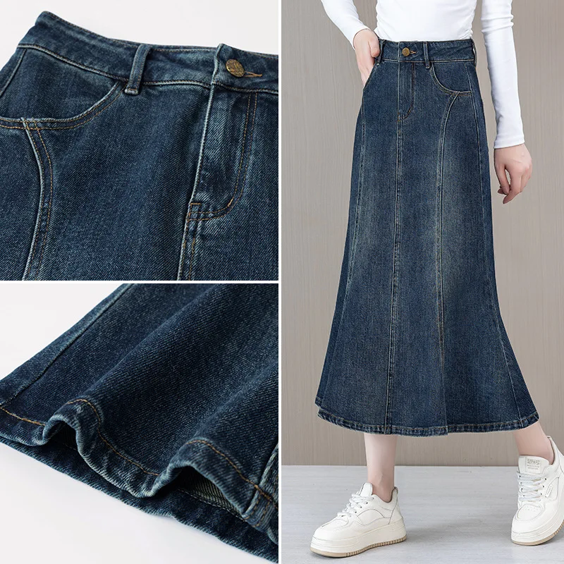 تنورة من قماش الدنيم للربيع والخريف على شكل ذيل السمكة للنساء، طراز عتيق، متوسط الطول، مكشكشة على شكل حرف A، نصف تنورة ضيقة