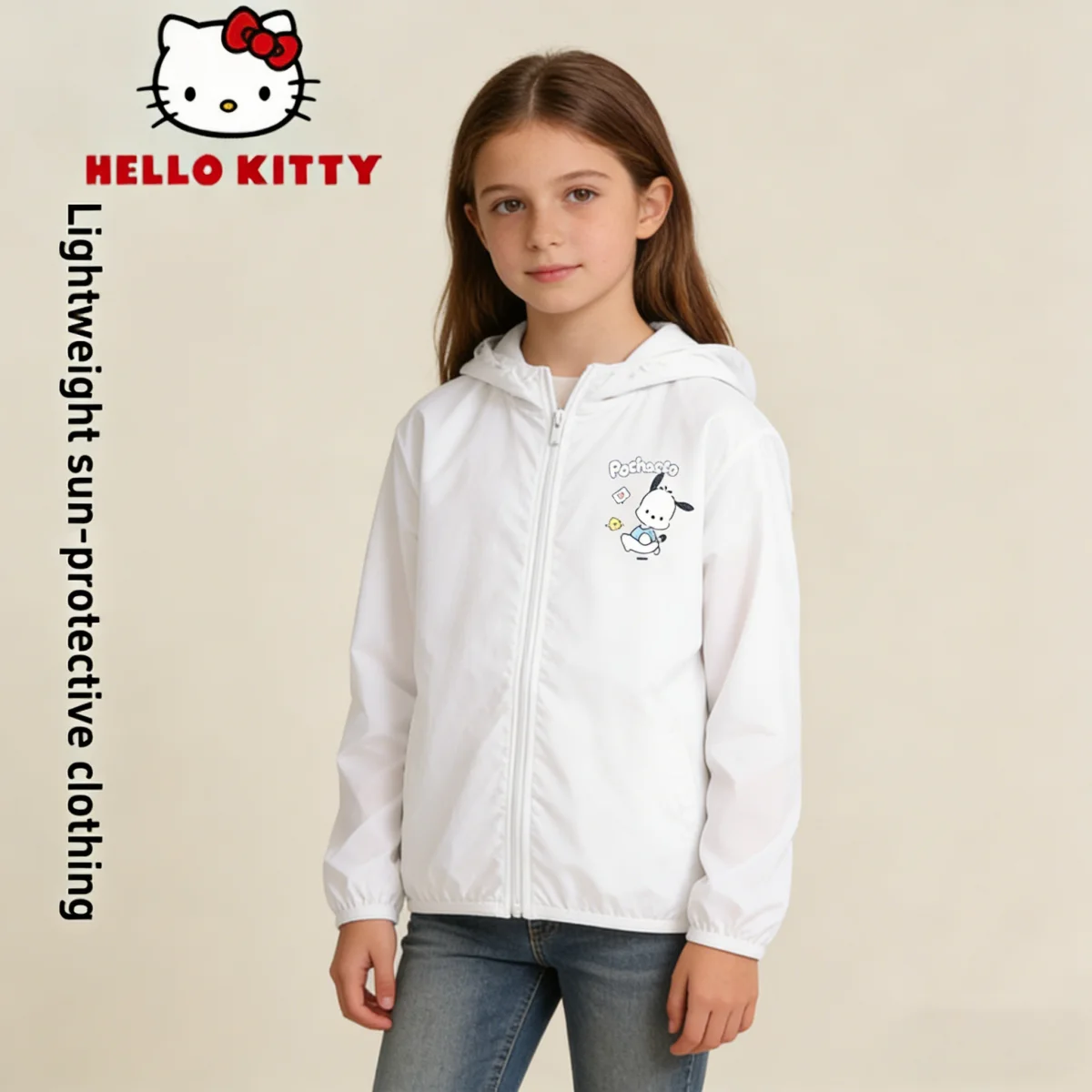 

Детская солнцезащитная куртка Hello Kitty для девочек, милая верхняя одежда с капюшоном и УФ-защитой, летняя легкая дышащая куртка с защитой от солнечных ожогов