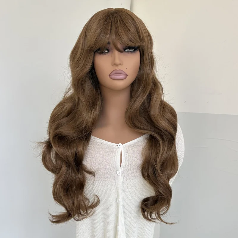

Heat Resistant Synthetic Hair Medium brown Long Wavy Dress Up Wig With Bangs