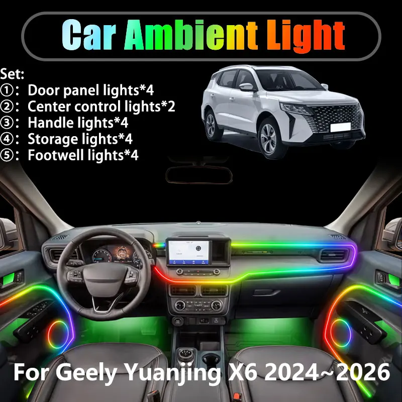 

For Geely Yuanjing X6 NC31 MK3 2024 ~2026 2/18 in 1 Car ambient lighting Led trunk interior led lights USB RGB Ensemble Streamer