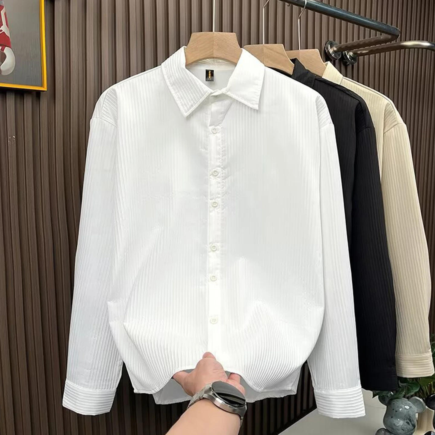 

Retro Textured Striped Men's irt Loose Drapey Long Sve High-End Feeling Cool Guy Outerwear Summer Casual Sle Student