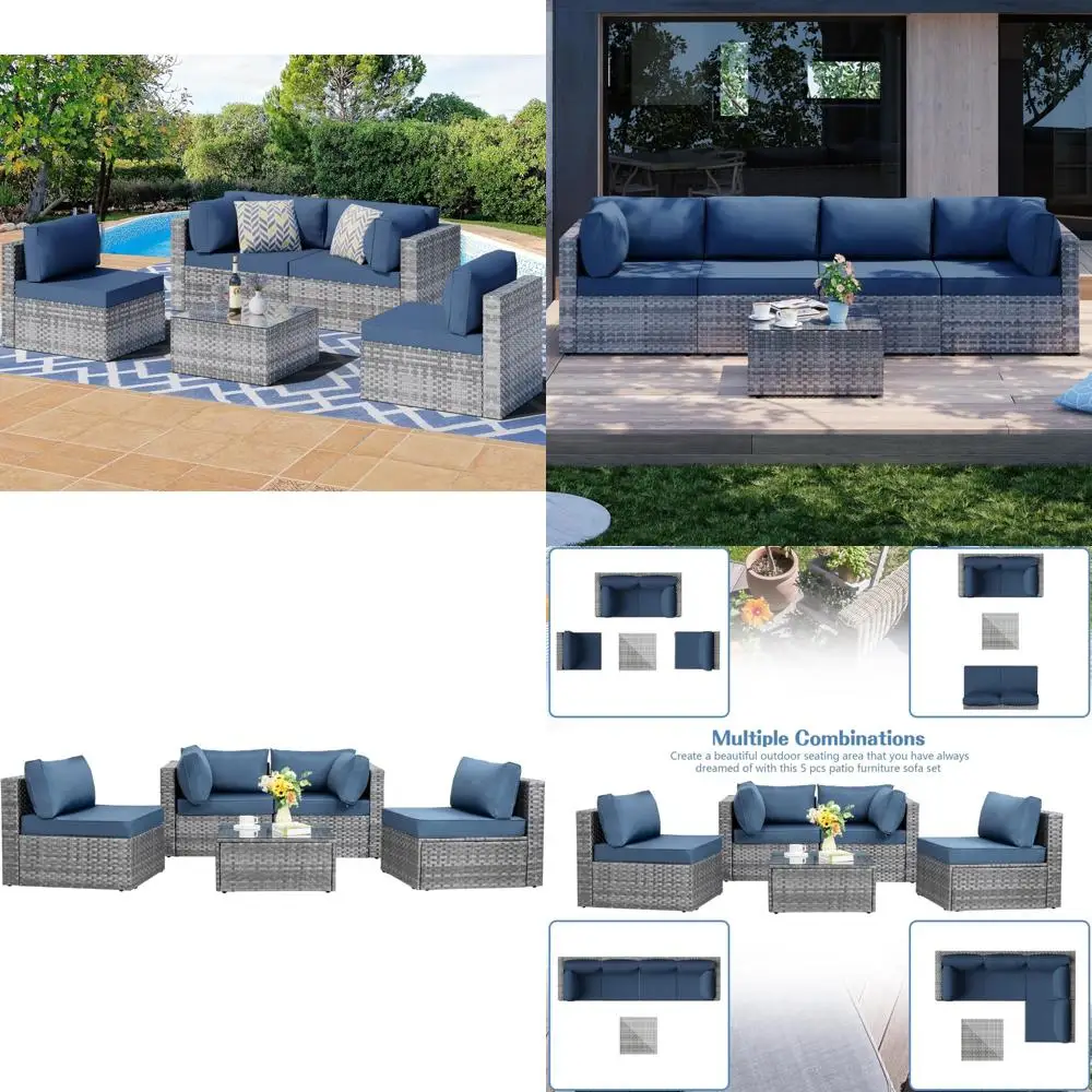 

5 Pieces Outdoor Patio Sectional Sofa Couch, Silver Gray PE Wicker Furniture Conversation Sets with Washable Cushions & Glass C
