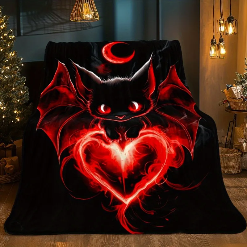 1-teilige Gothic-Fledermaus- und Herz-Überwurfdecke – schwarzes und rotes Vampir-Design – ganzjährige Flanell-Tagesdecke für die Couch
