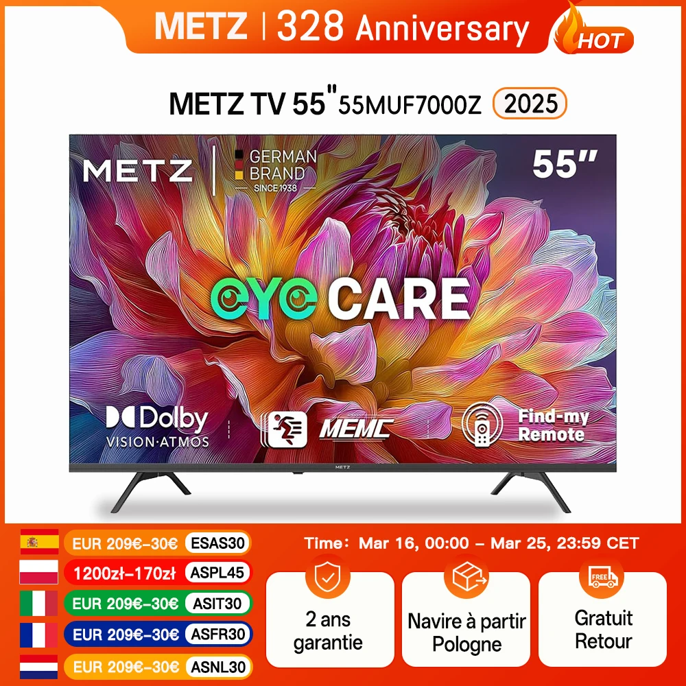 Metz TV 43 55 pouces 4K UHD Smart LED TV Google TV HDR 10 MEMC Dolby Audio Google Cast commande vocale Tuner 43MUF7000Z 55MUF7000Z