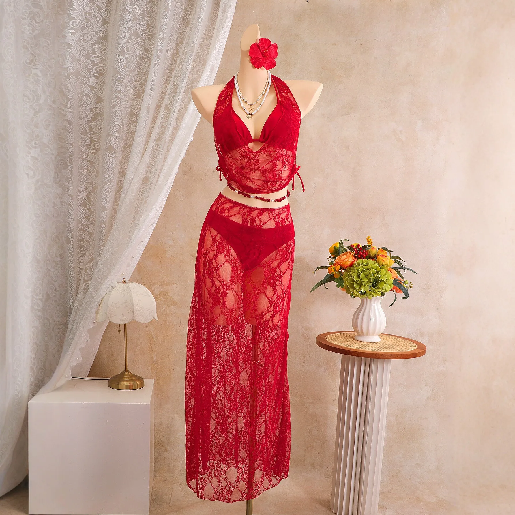 3 Pcs Red Lace Bikini Swimsuit Women Halter Cutout Bathing Suit Lace Top Pants Cover‑Up Brazilian Beach Party Swimwear Outfit