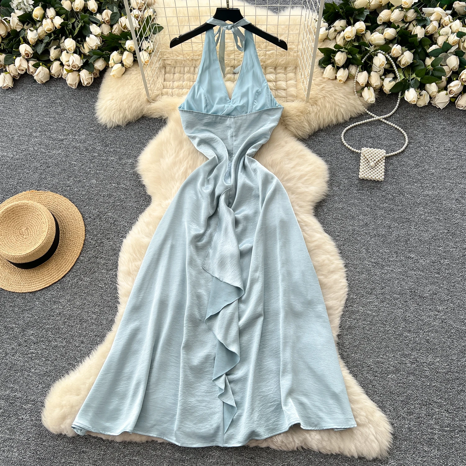 Chic Sexy backless V-neck halter High Waist Slip Dress Fairy Casual A-line Dress Vacation Vestidos Women Boho Sundress