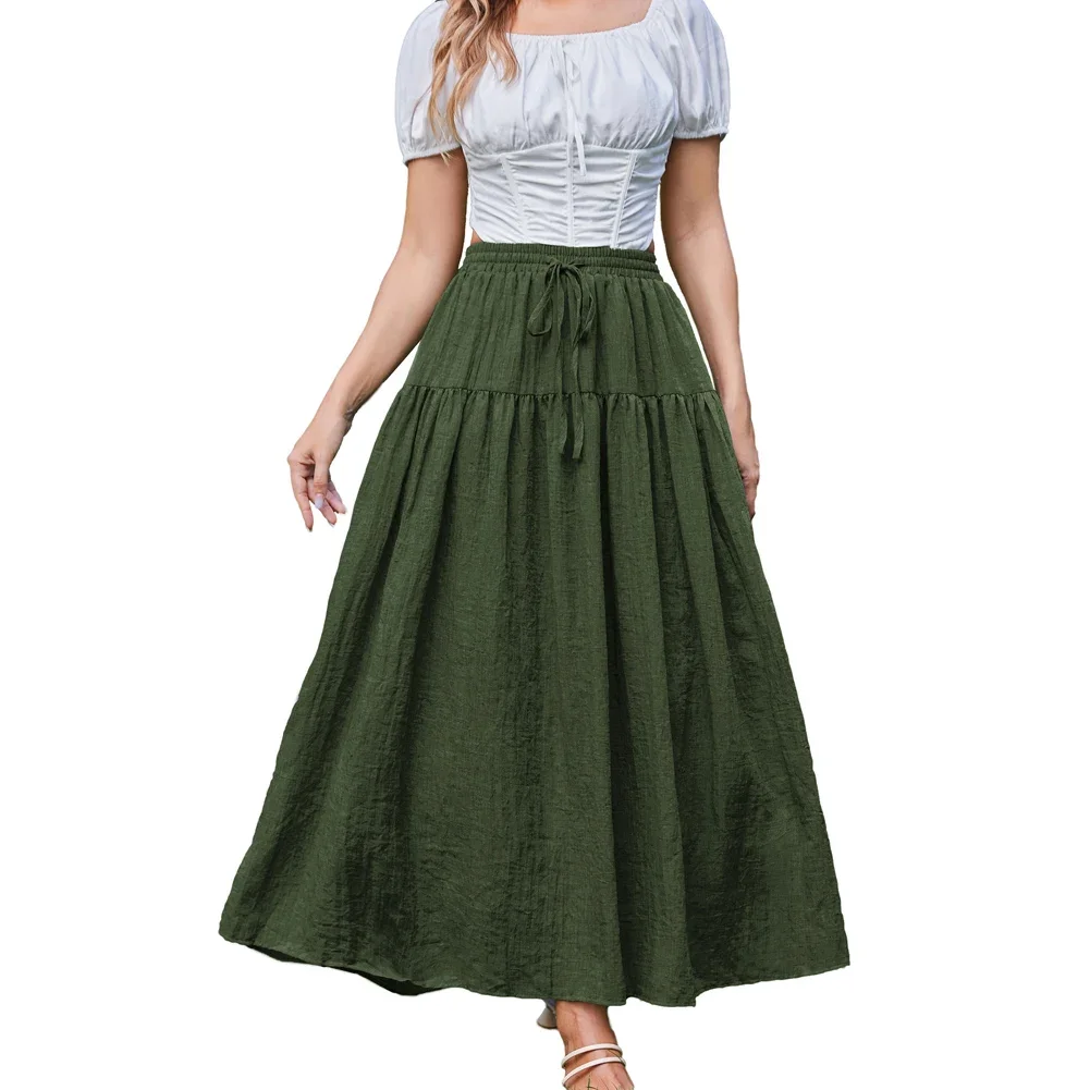 SD Women Skirt Vintage Renaissance Big Swing Elastic Drawstring Waist A-Line Maxi Skirt High Waisted Skirts Robe Femme