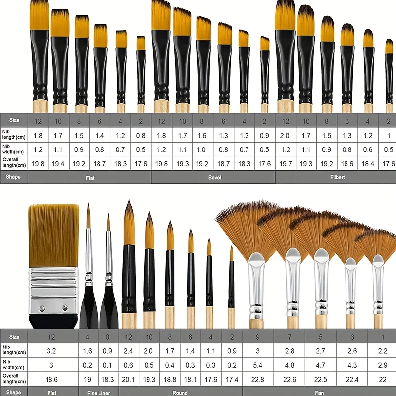 32-piece wooden nylon art painting brush set, including flat, bevel, fan-shaped, round-pointed, and lining brushes, suit