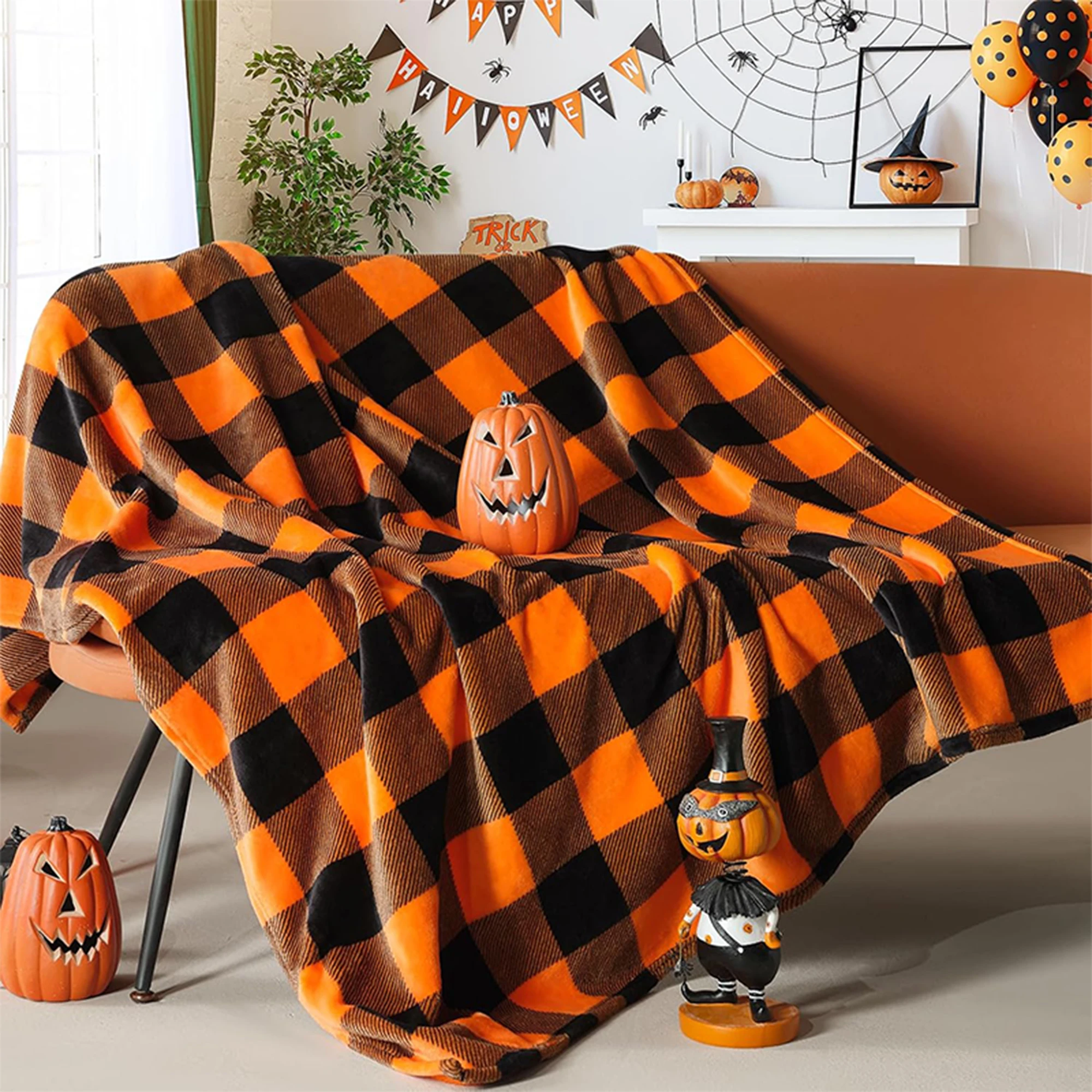 Manta a cuadros de Halloween adecuada para festivales, fiestas, uso diario, todas las estaciones, suave y cálida