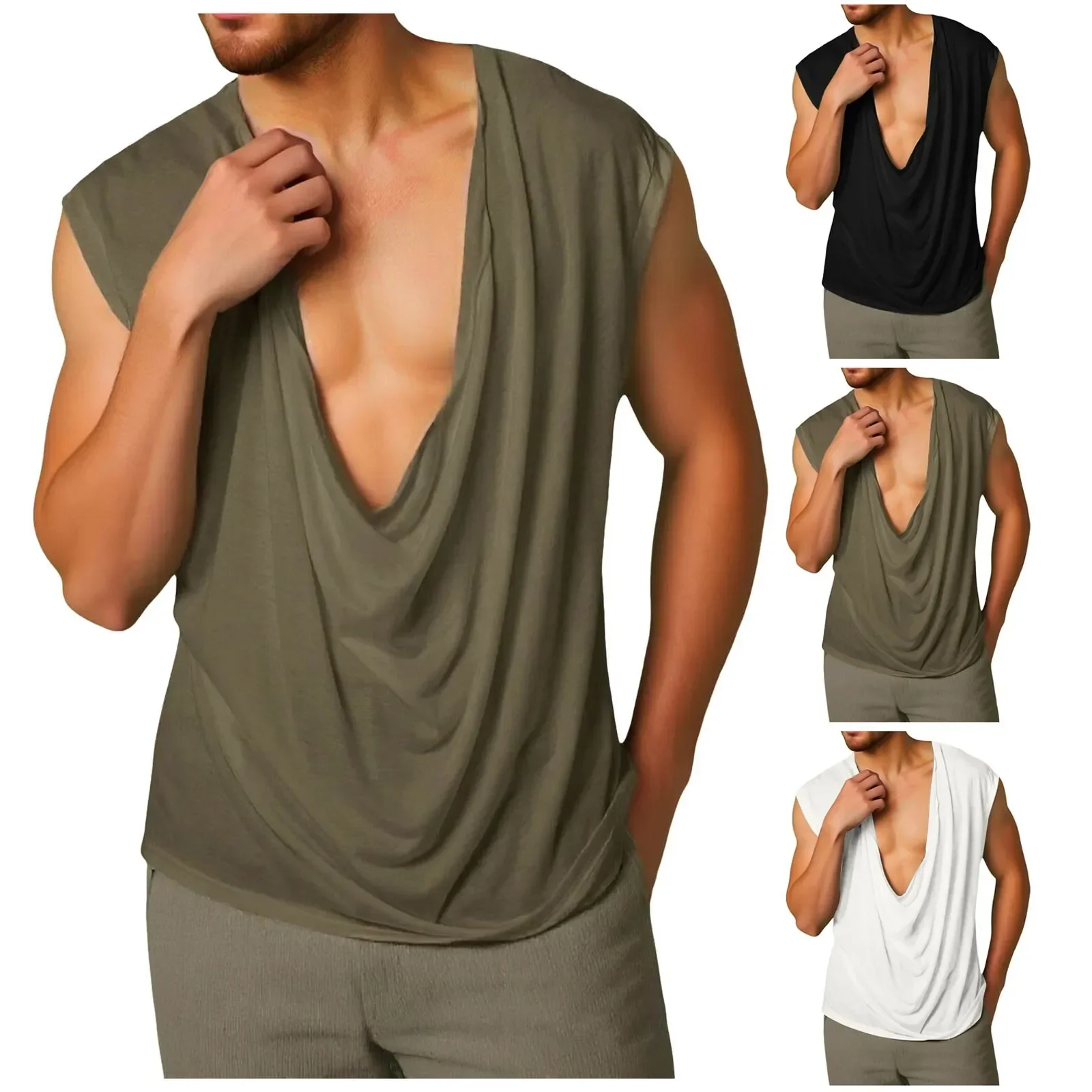 Y2k Tops 2026 Men'S Sleeveless Deep V Neck Tee Shirts Summer Casual Loose Beach Top Sexy Solid Color Vest Men Sweatshirts