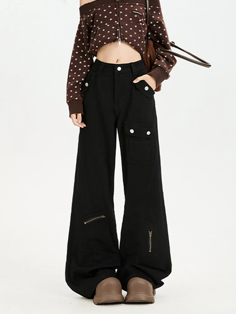

Женские широкие джинсы-карго свободного кроя с молниями и вставками, винтажные, из чистого хлопка, с высокой талией, с карманами, новые брюки